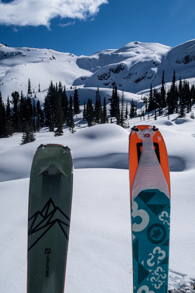 Skin track route heading back toward the Whistler Blackcomb resort boundary featuring Salomon QST skis on the snow