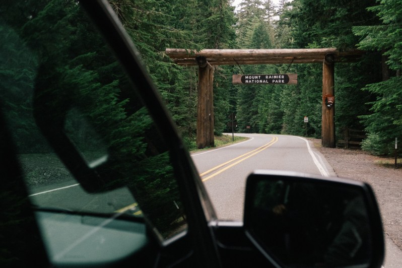 Mount Rainier National Park entrance gate on the road from Greenwater toward White River Campground