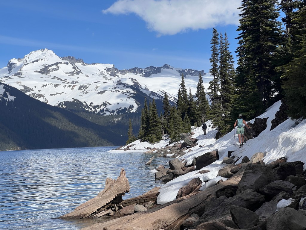 Crystal clear turquoise water shoreline at the edge of Garibaldi Lake in the spring