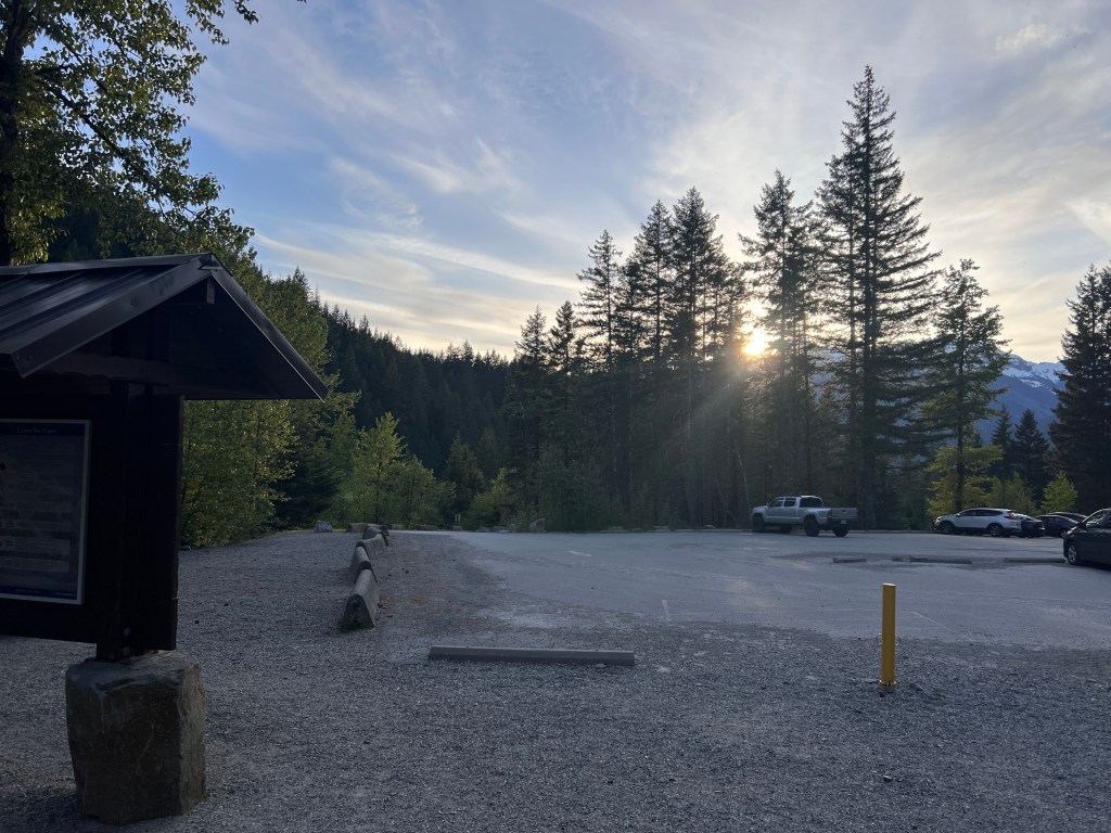 Garibaldi Lake trail start at Rubble Creek parking lot showing the sunset at 8:05pm